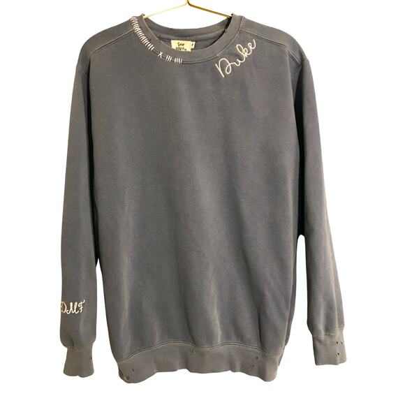 Duke Embroidered Distressed Crew Neck Sweatshirt Womens Small DDMF Blue Devils - Picture 1 of 7